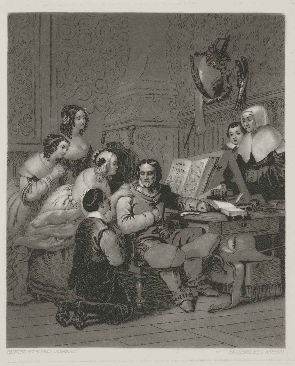 La familia de Cromwell intercediendo por la vida de Carlos I, grabado por Alfred Johannot de John (after) Sartain