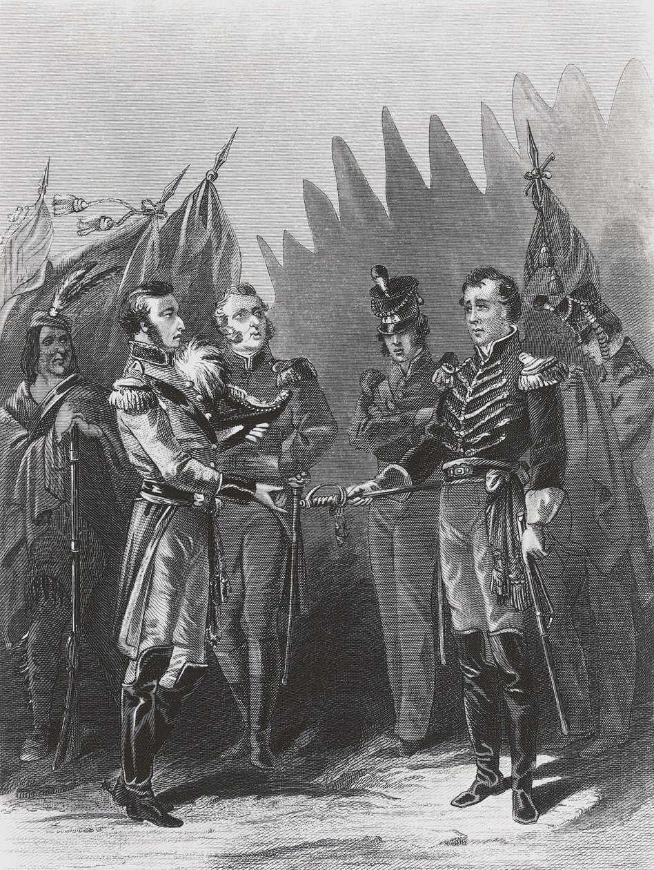 Rendición del general estadounidense William Hull a las tropas británicas y guerreros nativos americanos en Detroit, 15 de julio de Walter Charles Mills