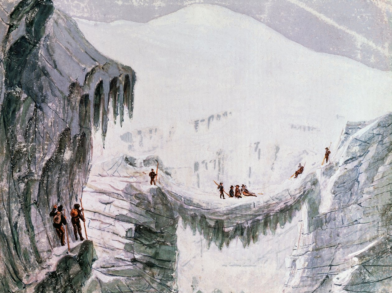 Escalando el Mont Blanc, escaladores suspendidos de una grieta, acuarela, Francia de Walter Charles Mills