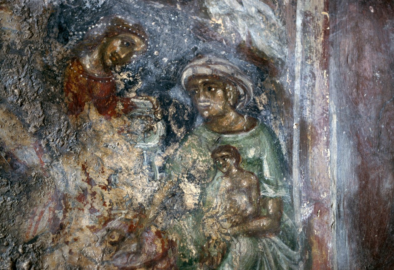 Fresco de la Sagrada Familia, iglesia bizantina de Ayios Stephanos, Drakona, Creta, Grecia de Walter Charles Mills