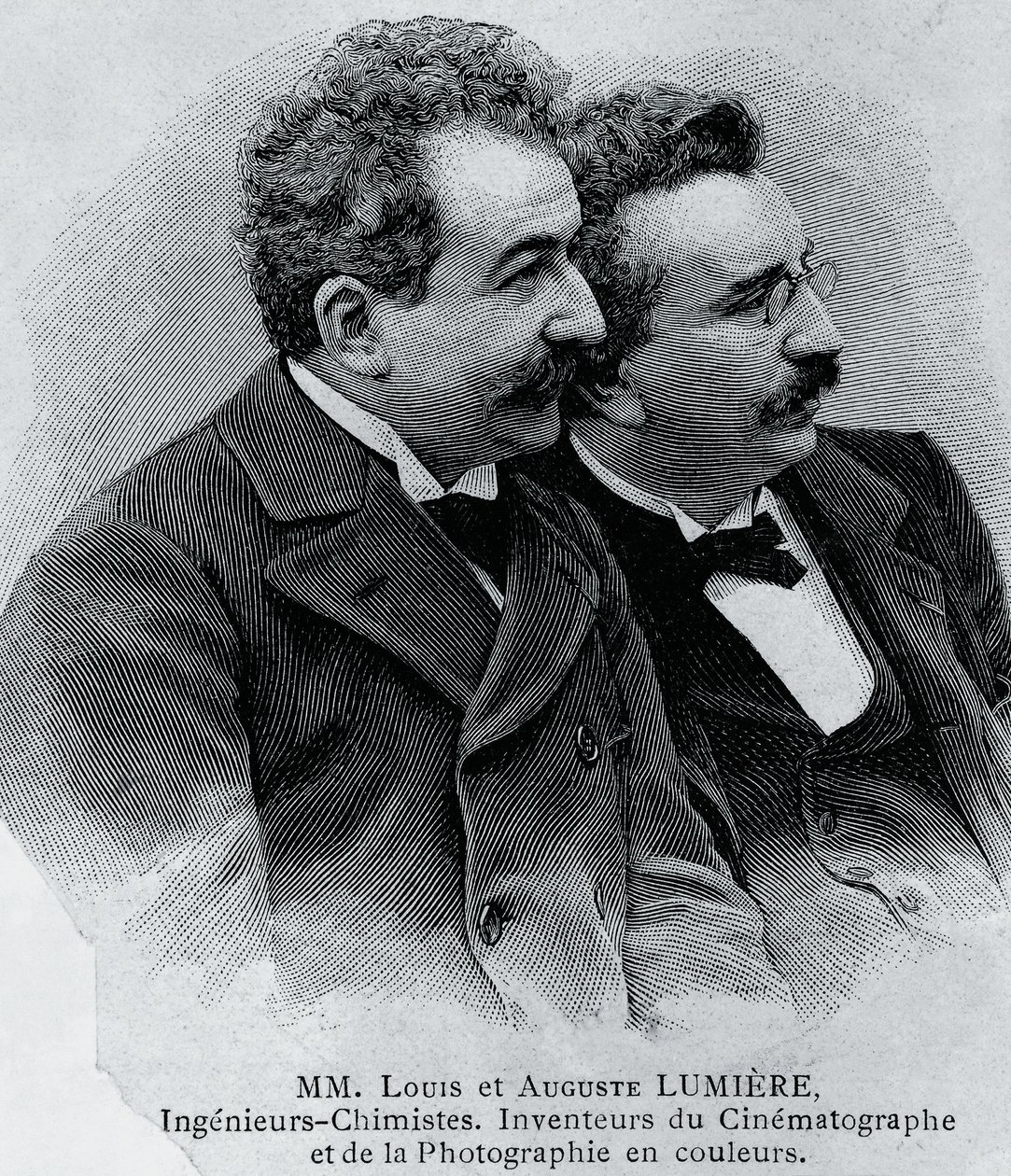Retrato de Auguste Marie Louis Nicolas Lumière (1862-1954) y Louis Jean Lumière (1864-1948), empresarios e inventores franceses del proyector de cine, grabado de una fotografía de Walter Charles Mills