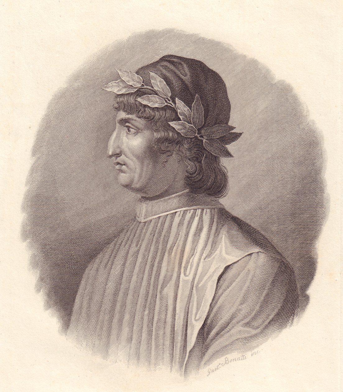 Retrato del poeta y humanista italiano Angelo Ambrogini también conocido como Poliziano (1454-1494), grabado en cobre por G Bonatti de Walter Charles Mills