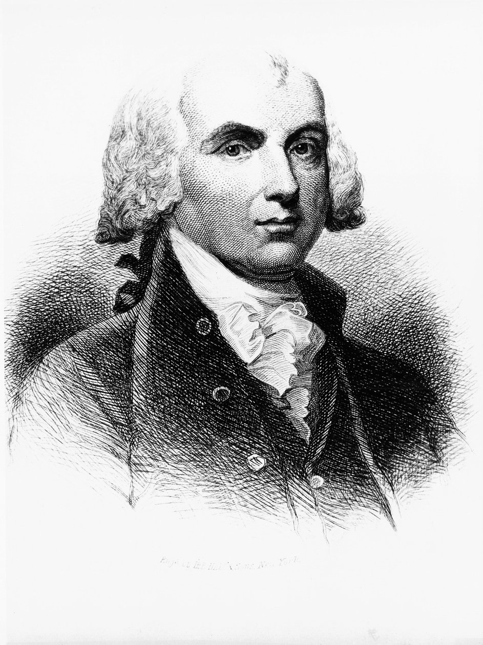 Retrato de James Madison (1751-1836), Padre Fundador, político estadounidense, 4º presidente de Estados Unidos de 1809 a 1817, y uno de los padres de la Constitución, grabado de Walter Charles Mills