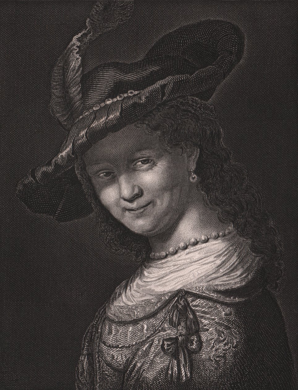 Retrato de Saskia van Uylenburgh (1612-1642), esposa de Rembrandt, grabado por L Raab de una pintura de Rembrandt, de la Galería Real de Dresde de Payne, por Albert Henry Payne, H Payne Dresde y Leipzig Editor, circa 1840 de Walter Charles Mills