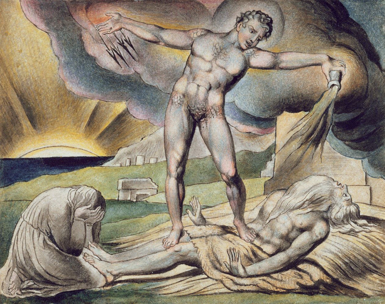 Satanás hiriendo a Job con forúnculos, página 6 de "Ilustraciones del Libro de Job", según William Blake (1757-1827) c.1823 (pluma y tinta con aguada sobre papel) de John (circle of) Linnell