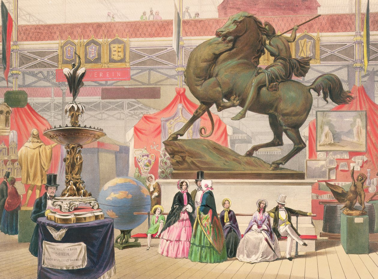 Vista de la nave este del Palacio de Cristal con escultura (la Amazona) (litografía coloreada) de John Absolon