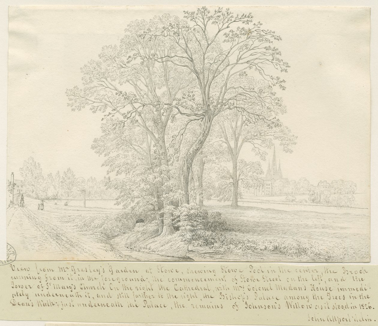 Lichfield - Vista a través de Stowe Pool: dibujo a pluma, nd [1826] de John Allport