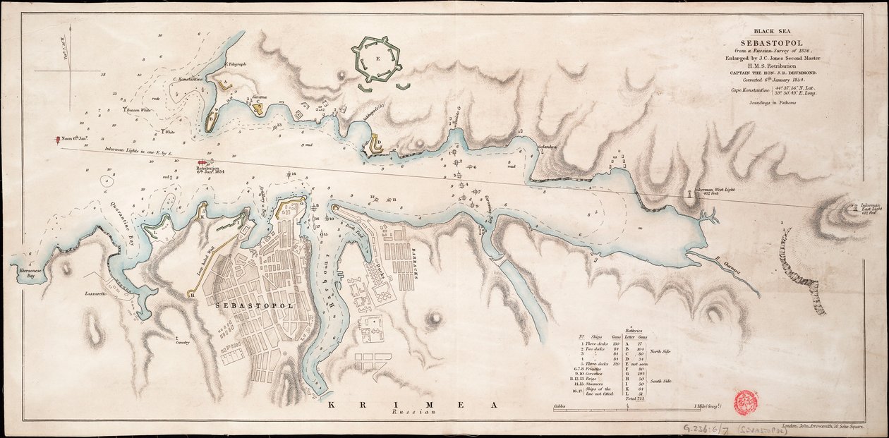 Sebastopol en el Mar Negro según un estudio ruso de 1836 de John Arrowsmith