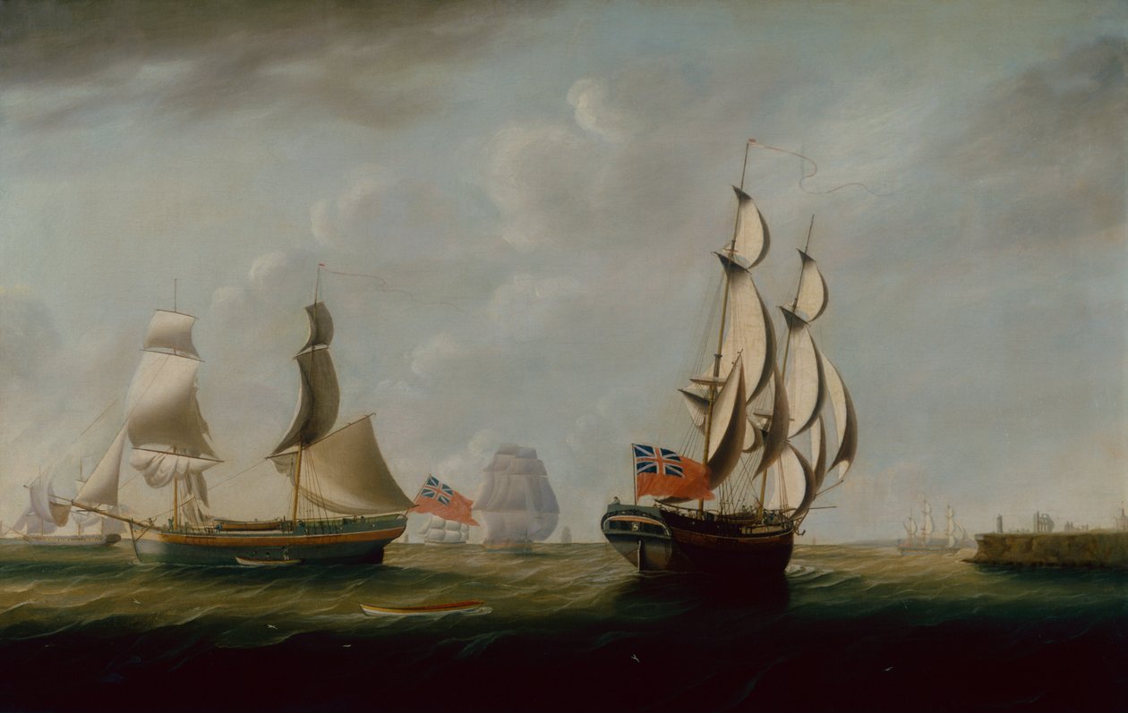 Dos bergantines ingleses frente a Whitby con otros barcos más allá (óleo sobre lienzo) de John Askew