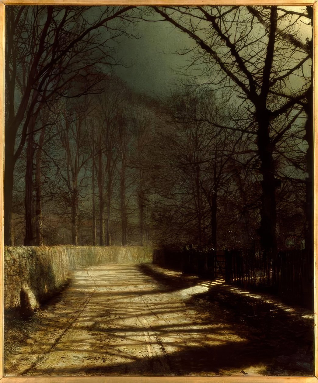 J.A.Grimshaw, Camino iluminado por la luna con dos amantes junto a una puerta de John Atkinson Grimshaw