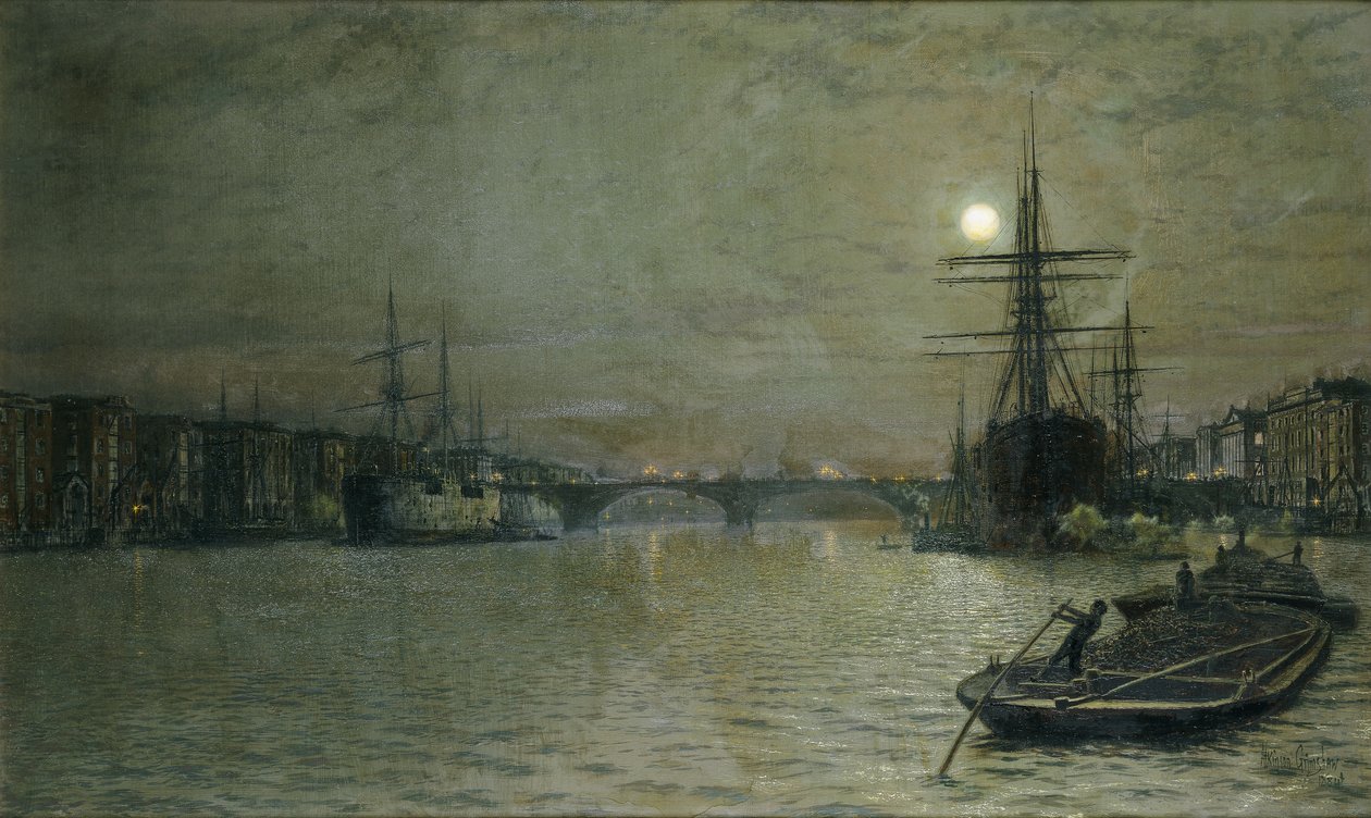 La piscina y el puente de Londres de noche, 1884 de John Atkinson Grimshaw
