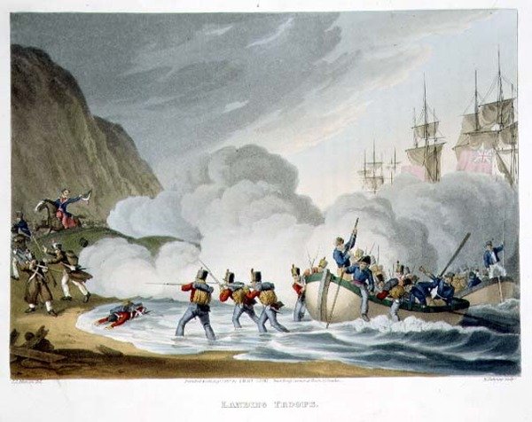 Desembarco de Tropas, grabado por Matthew Dubourg (fl.1813-20) de 