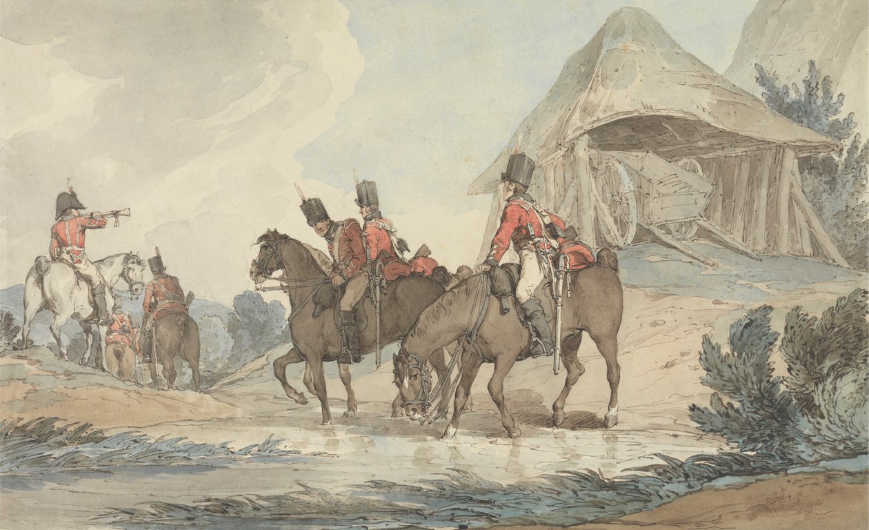 Caballería pasando por un arroyo, siendo reunida por un trompetista de John Augustus Atkinson