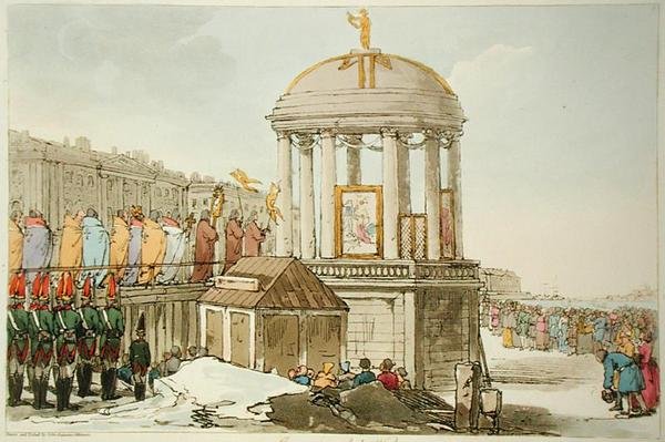 Consagración de las aguas, grabado por el artista, publicado en 1804 de John Augustus Atkinson