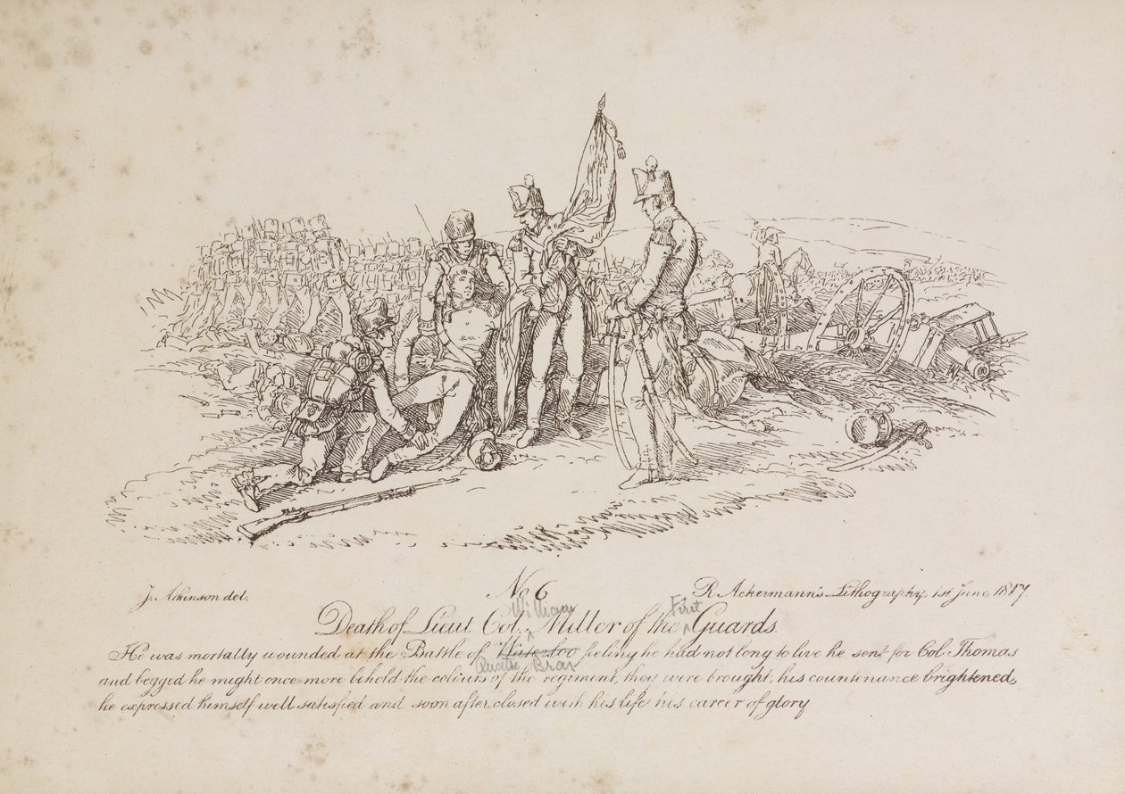 Muerte del Teniente Coronel William Miller de los 1º Guardias en la Batalla de Quatre Bas de John Augustus Atkinson