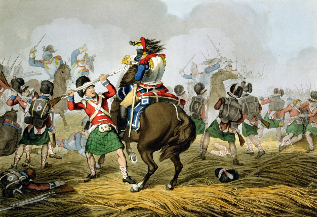 Coraceros Franceses en la Batalla de Waterloo, Cargados y Derrotados por los Highlanders y Scots Greys, grabado por Matthew Dubourg de 