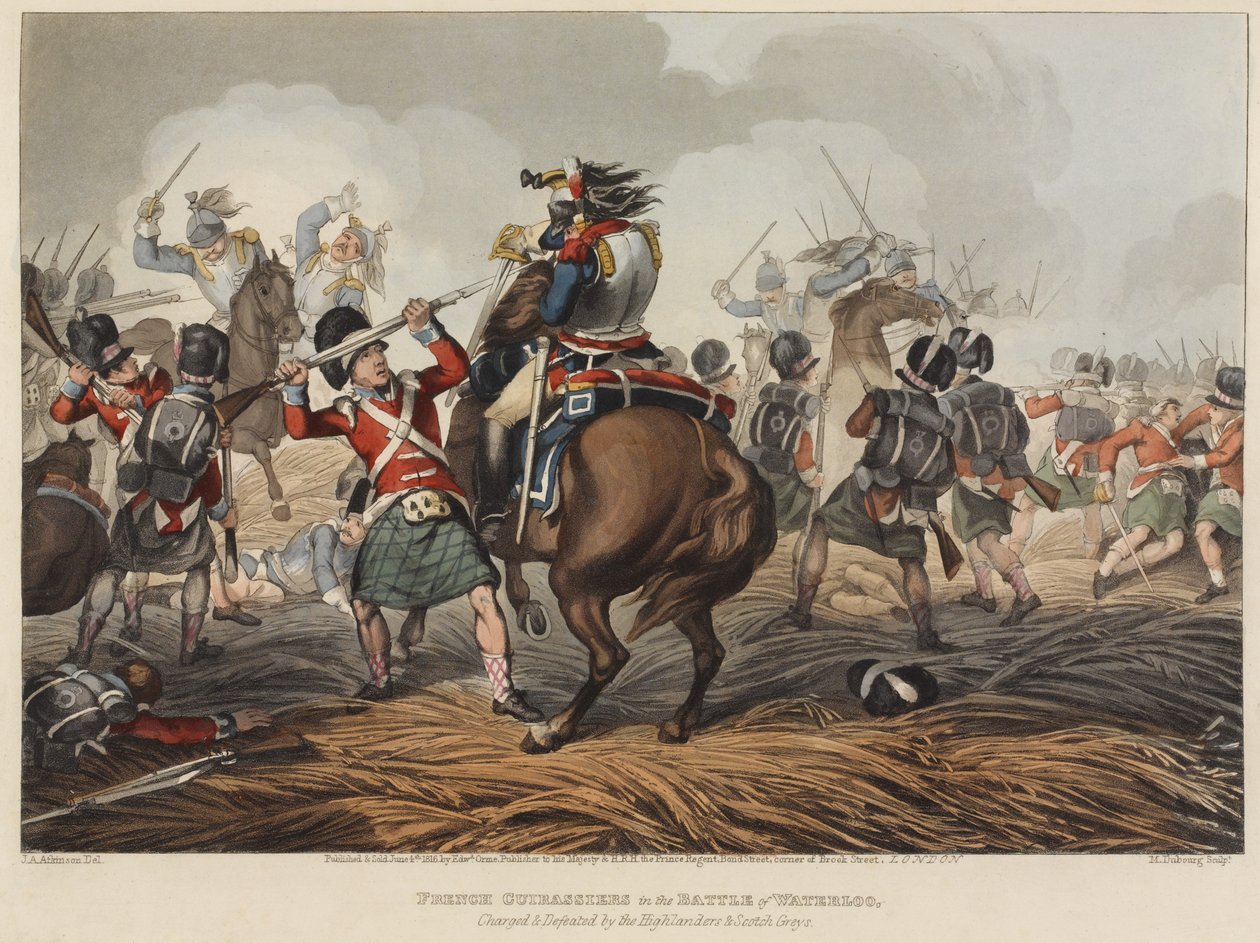 Coraceros franceses en la batalla de Waterloo cargados y derrotados por los Highlanders y Scotch Greys, grabado por M. Dubourg, 1819 de John Augustus Atkinson