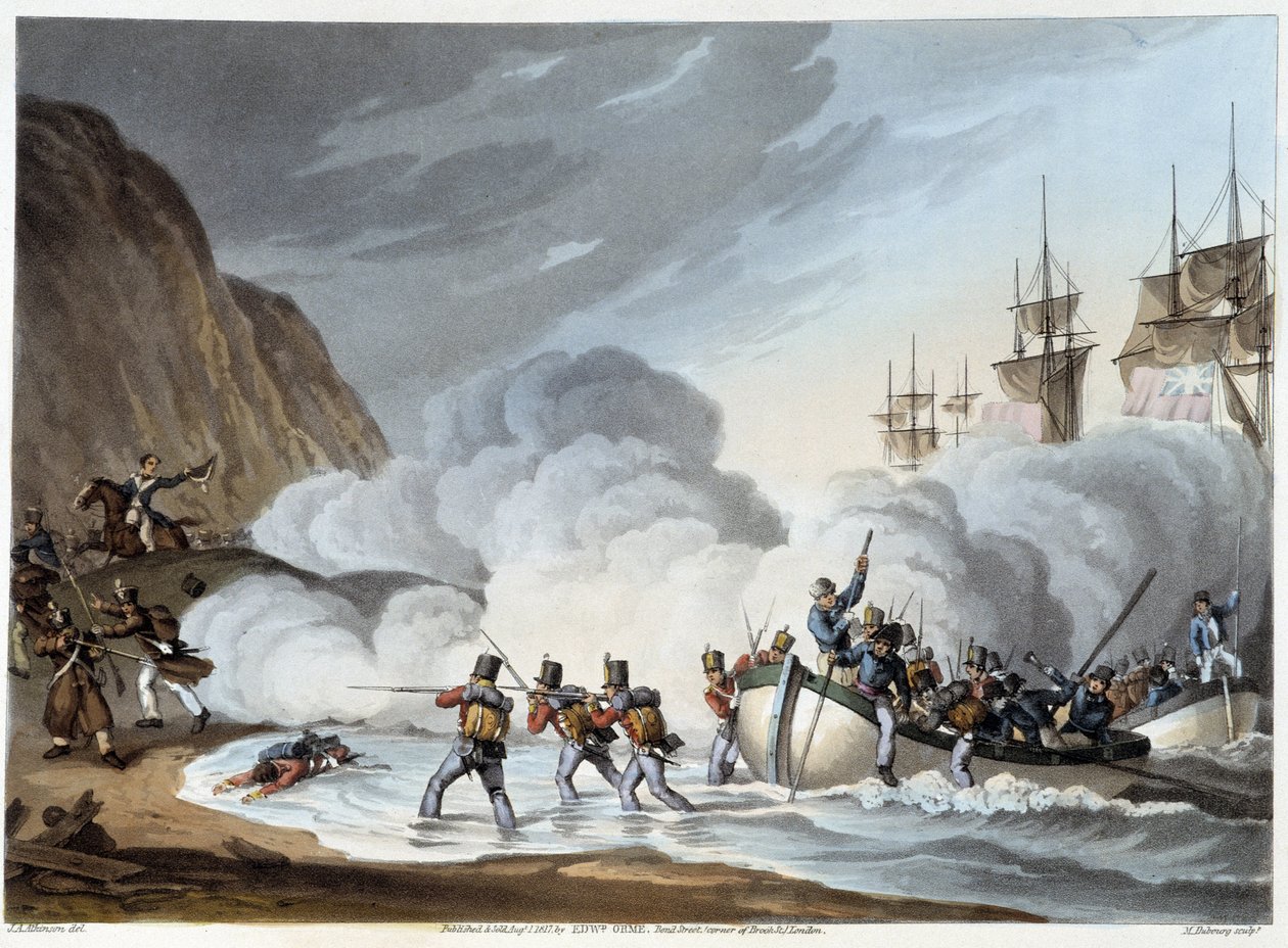 Desembarco de tropas, principios del siglo XIX en "Historical, Military and Naval Anecdotes..." de Edward Orne de John Augustus Atkinson