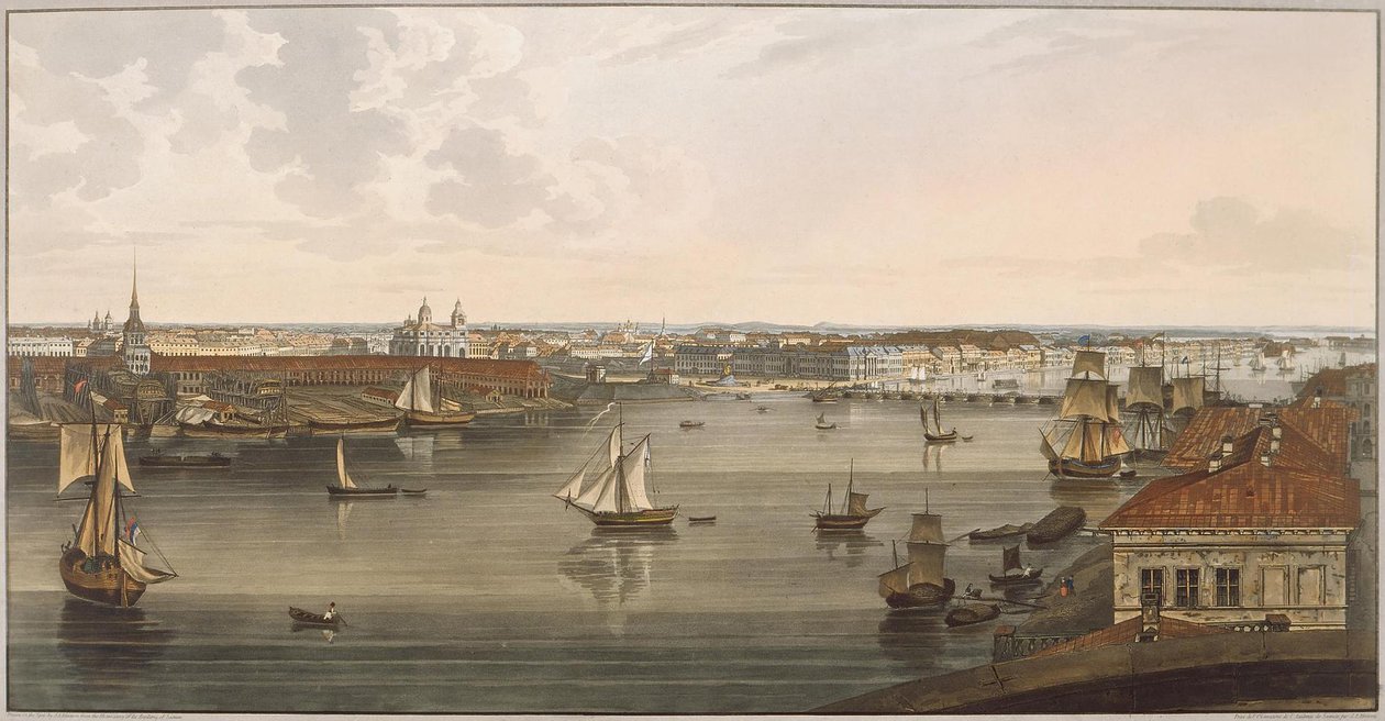 Vista a la Almirantazgo, antigua Catedral de San Isaac, embarcadero inglés y Academia de Ciencias desde Vas de John Augustus Atkinson