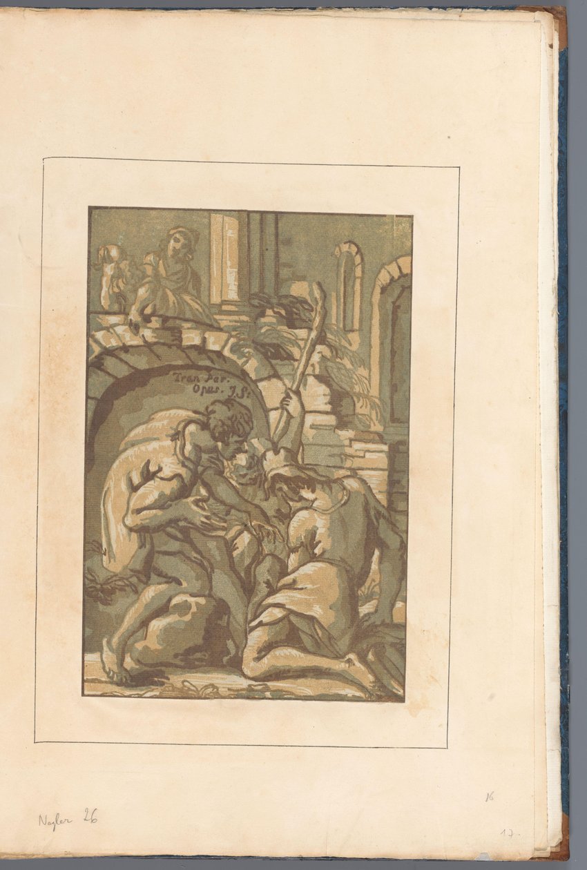 Tres figuras cerca de un arco Amicis suis necnon unicuique (...) (título de serie sobre objeto) de John B. Skippe
