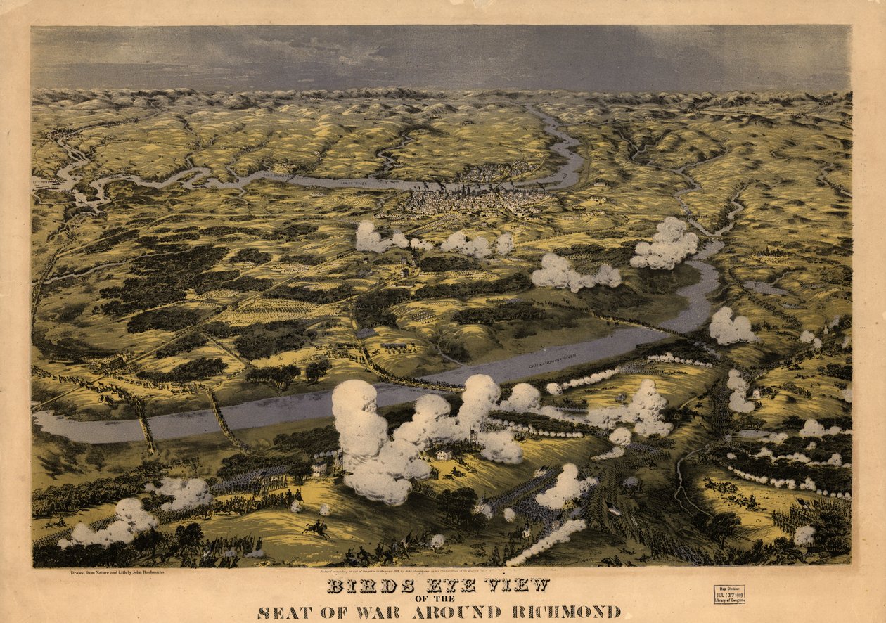 Vista aérea de la sede de la guerra alrededor de Richmond mostrando la batalla del río Chickahominy, 29 de junio de 1862 LOC 99448489 de John Bachmann