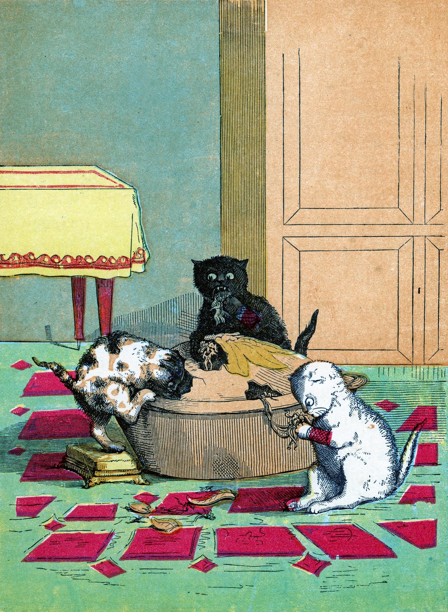 Tres gatitos pequeños con mitones comiendo un pastel, Ilustración de "Tres gatitos pequeños" 1859 de John Ballantyne