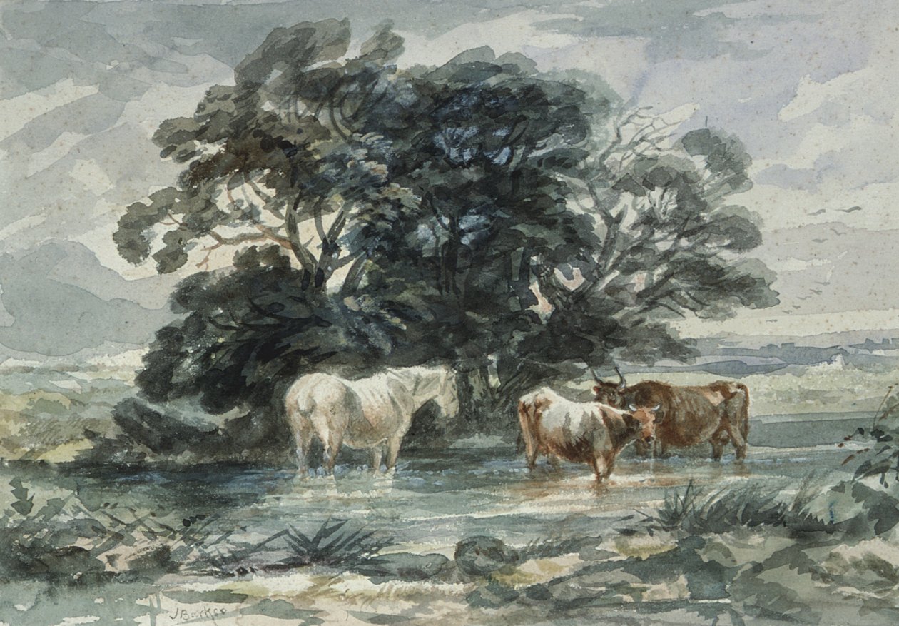 Paisaje, dos vacas y un caballo de pie en el agua (boceto) de John Barker