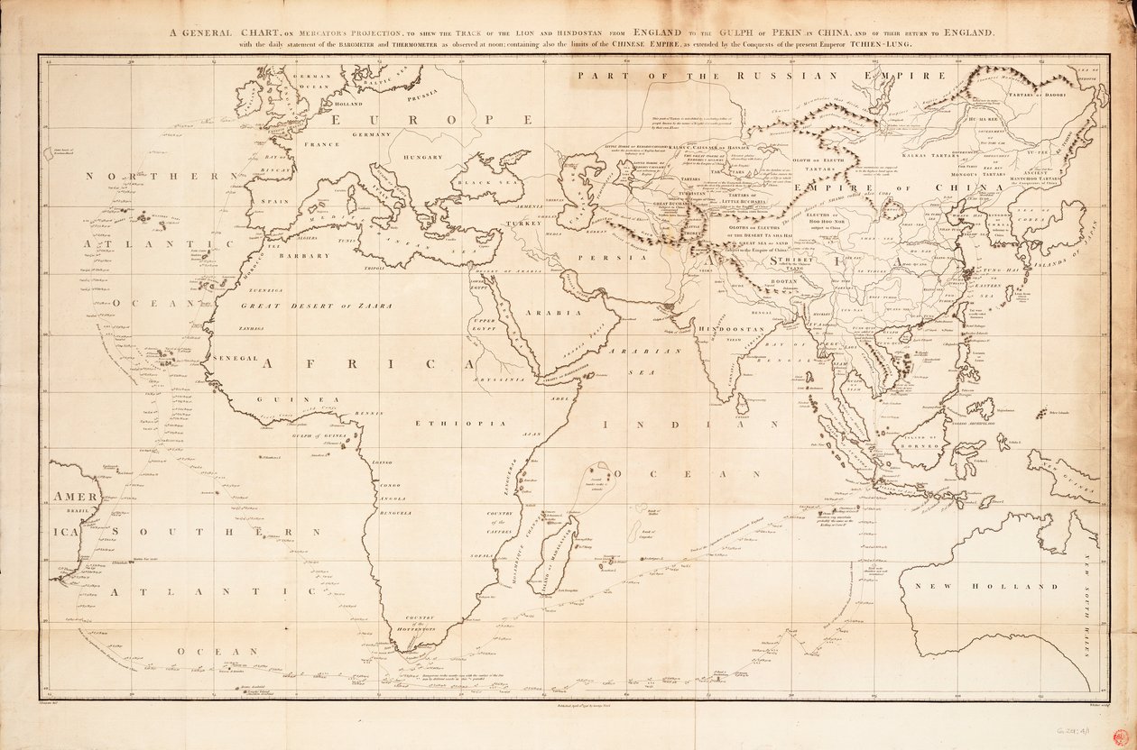 Una carta general en proyección Mercators para mostrar la ruta del "León" y el "Hindostán" desde Inglaterra hasta el Golfo de Pekín en China y su regreso a Inglaterra. de John Barrow