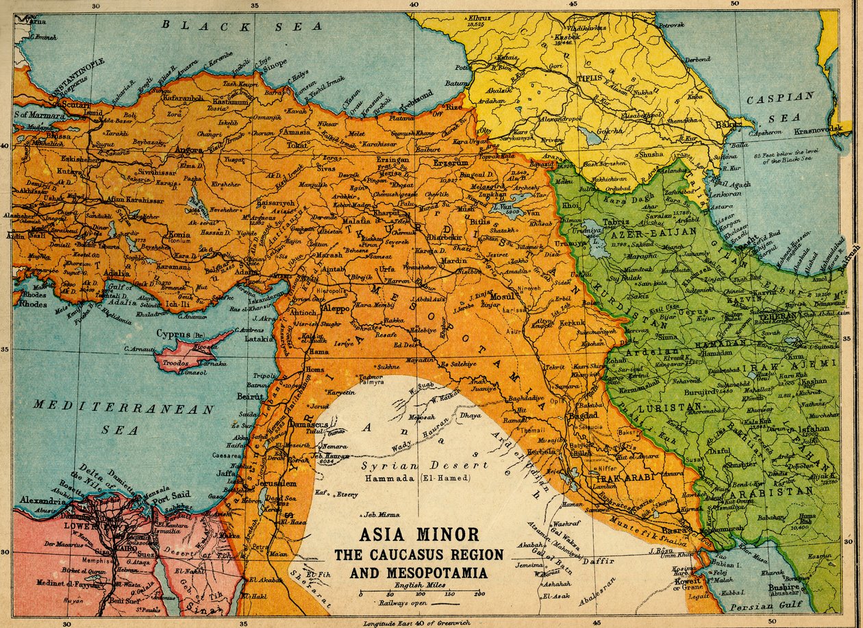 Asia Menor, la región del Cáucaso y Mesopotamia, Primera Guerra Mundial, c1915, c1920 de John Bartholomew and Son