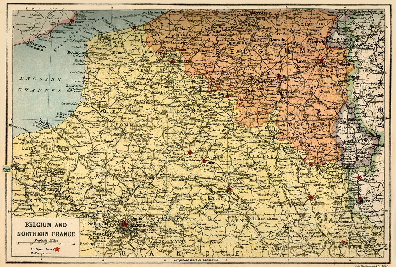 Mapa de Bélgica y el norte de Francia, c1914, c1920 de John Bartholomew and Son