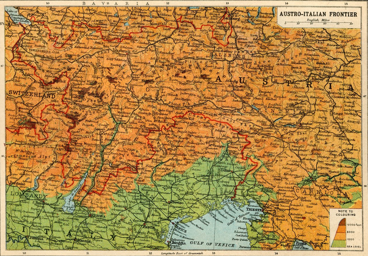 Mapa de la frontera austro-italiana, Primera Guerra Mundial, c1920 de John Bartholomew and Son