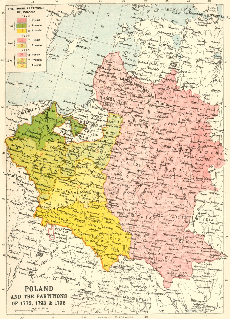 Polonia y las particiones de 1772, 1793 y 1795, c1920 de John Bartholomew and Son