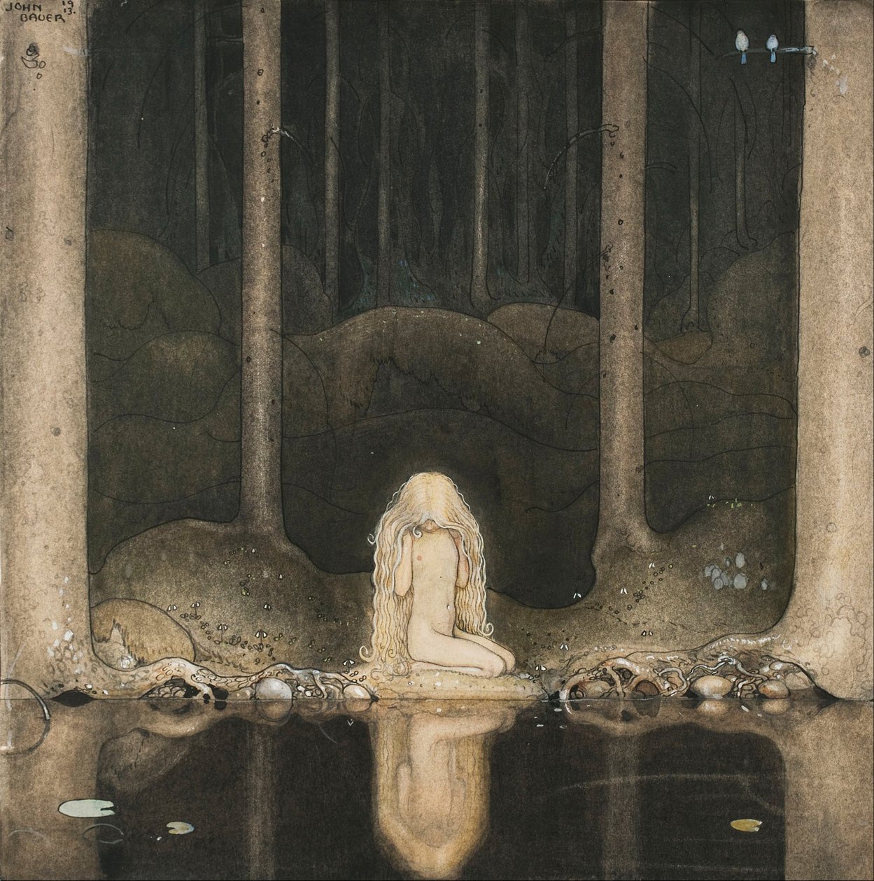 La princesa Tuvstarr sigue sentada allí mirando melancólicamente al agua, 1913 de John Bauer