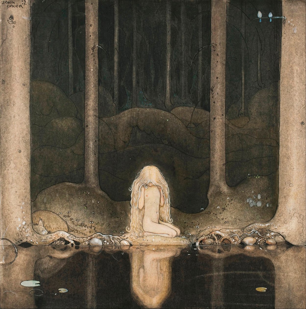 La princesa Tuvstarr mirando el agua del lago con nostalgia de John Bauer