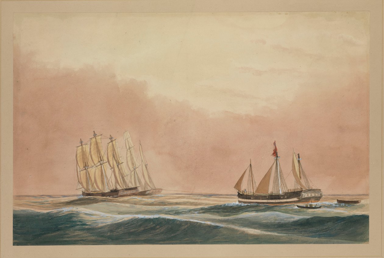 El "Futty Satam" remolcado a Mauricio por la barca "Otter" y el barco "City of Poona" 1851, c.1851 (acuarela) de John Becket Hodgson