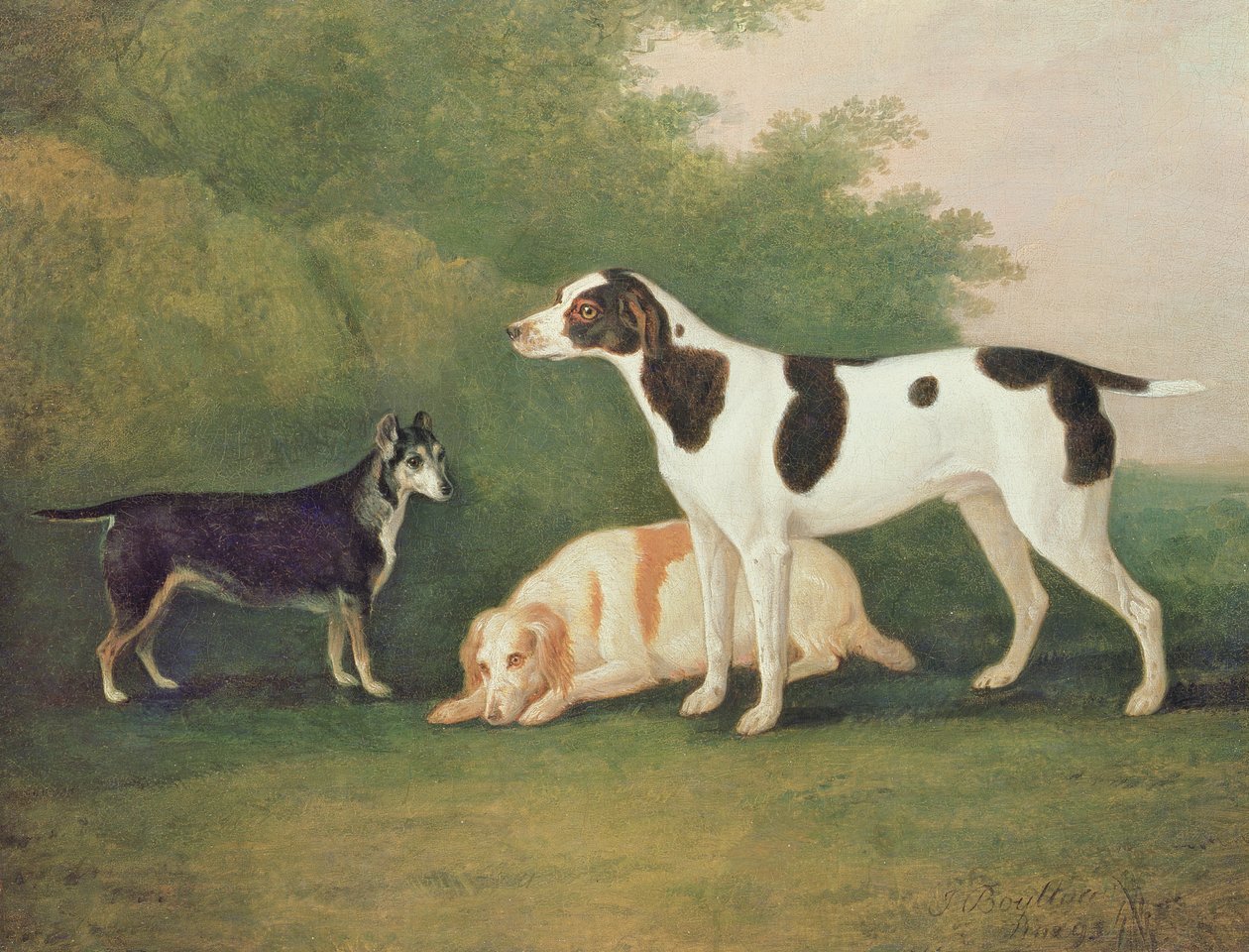 Tres perros en un paisaje de John Boultbee