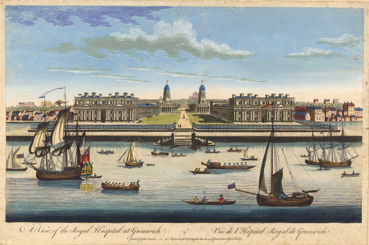 Vista del Hospital Real de Greenwich, hacia 1770 (aguafuerte coloreado) de John Bowles