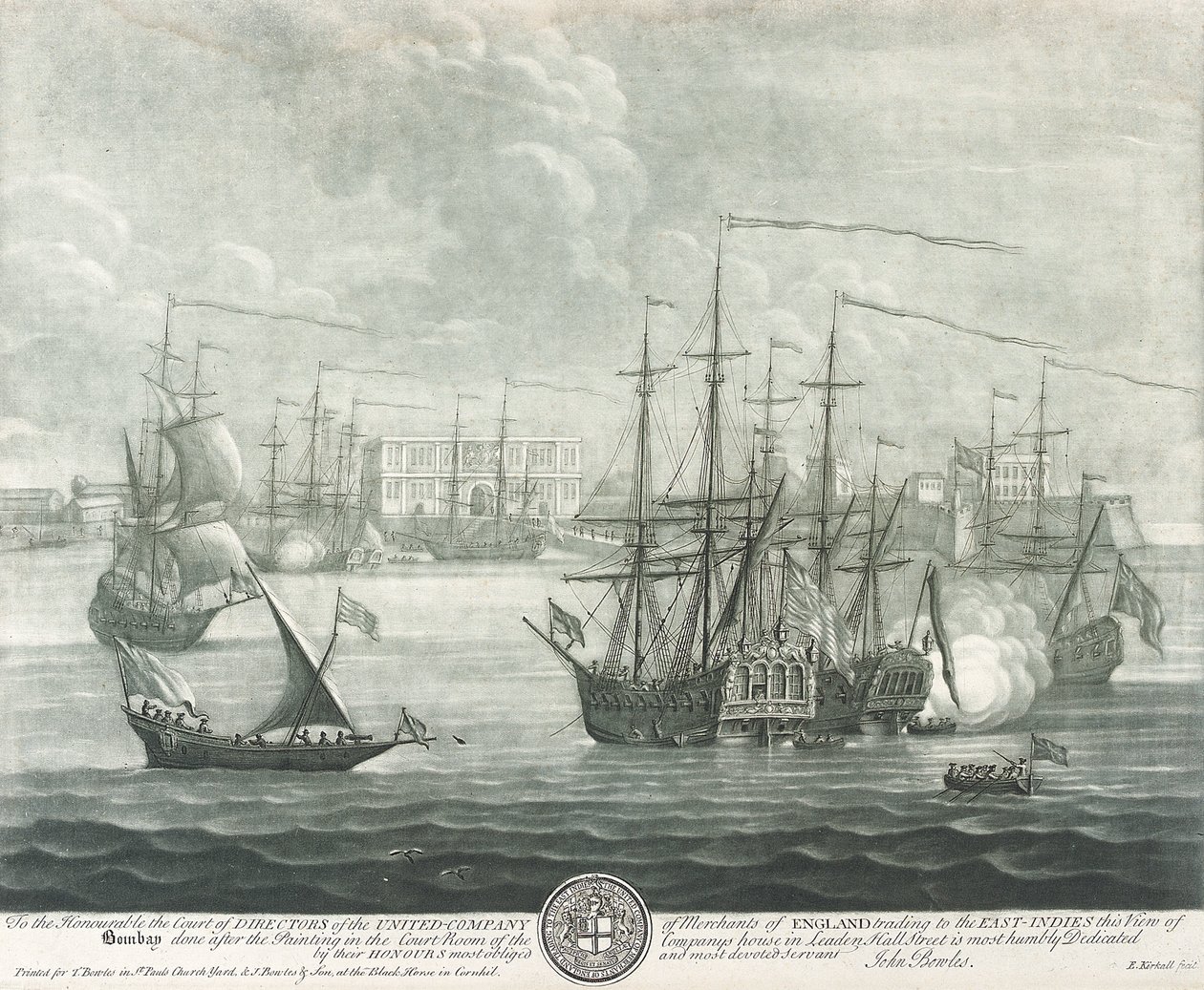 Vista de Bombay (India), dedicada al director de la Compañía Británica de las Indias Orientales. Grabado de John Bowles () de John Bowles