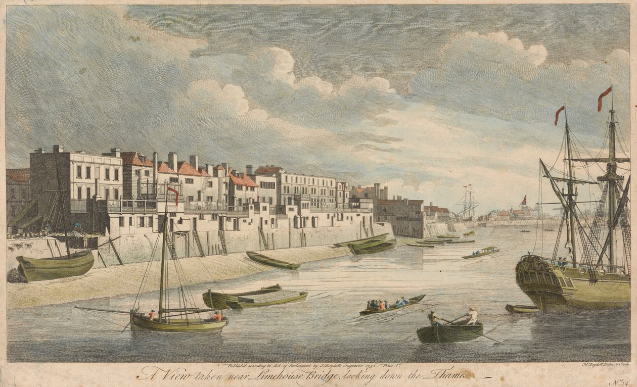 Vista tomada cerca del puente de Limehouse, mirando río abajo por el Támesis de John Boydell