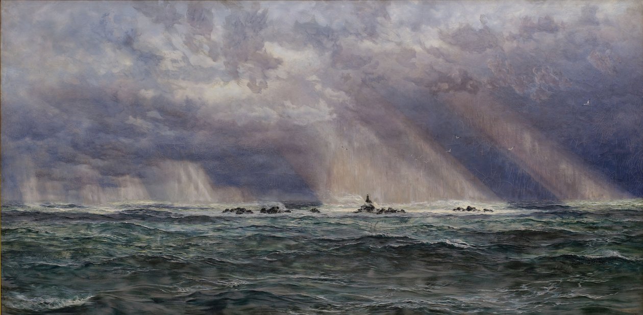 Un vendaval del noroeste frente al faro de Longships, 1873 de John Brett