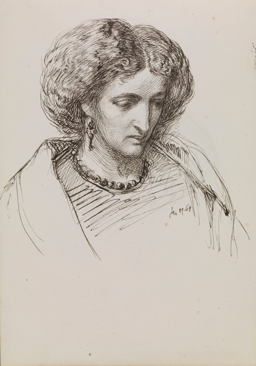 Retrato de cabeza y hombros de mujer con los ojos bajos de John Brett