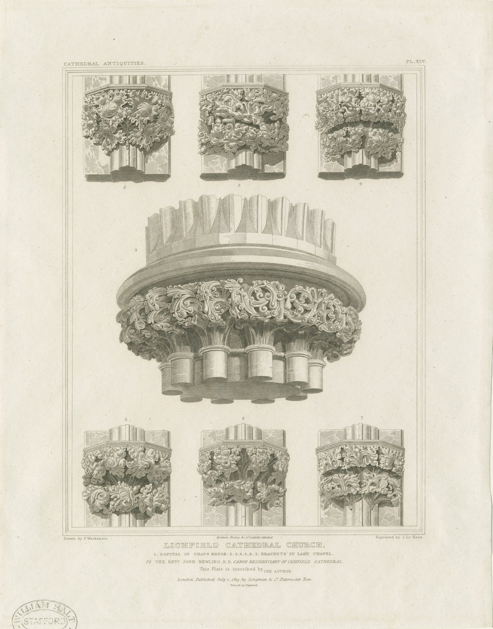 Interior de la Catedral de Lichfield - Pilar Agrupado en la Sala Capitular y Soportes en la Capilla de la Virgen: grabado, s.f. [c. 1819] de John Britton