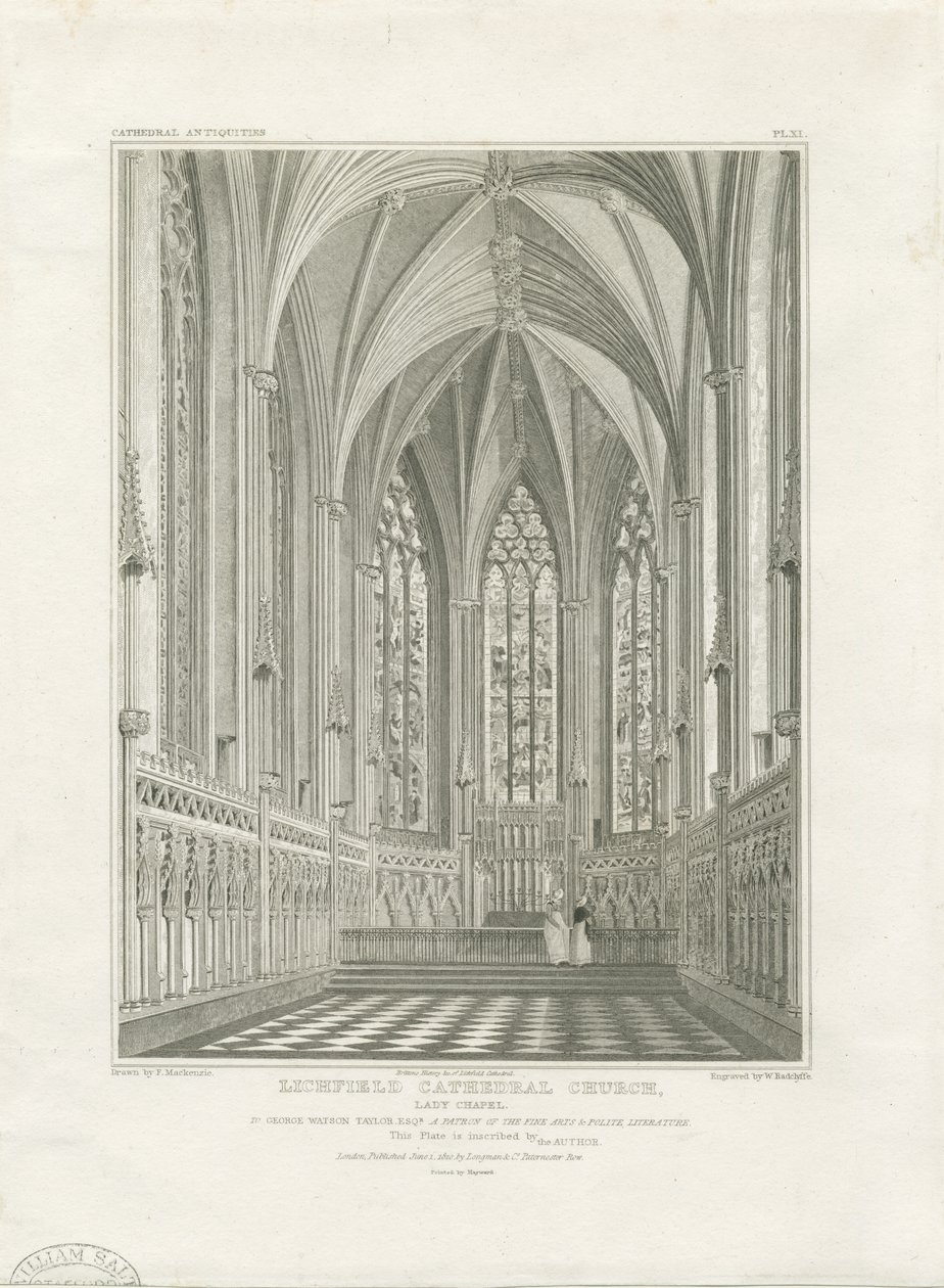 Interior de la Catedral de Lichfield - Capilla de la Virgen: grabado, nd [c 1820] de John Britton