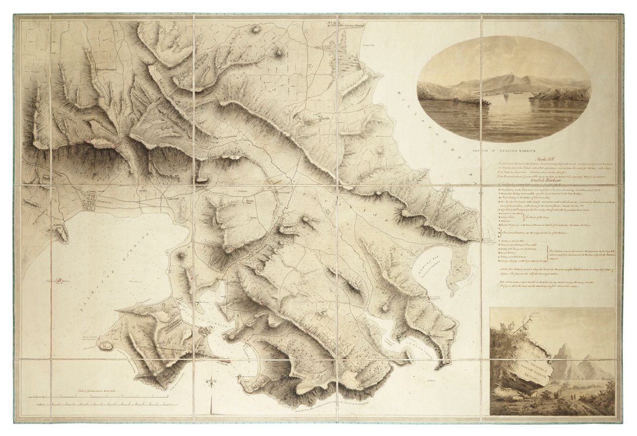 Plan of the environs of English Harbour, Antigua, c.1782 (Tinta y aguada, segmentado y dorso) de John Brown