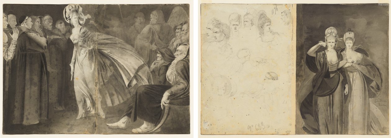 Woman Standing among the Friars (recto) Sketches of Heads (verso, left); Two Women (verso, right) de John Brown