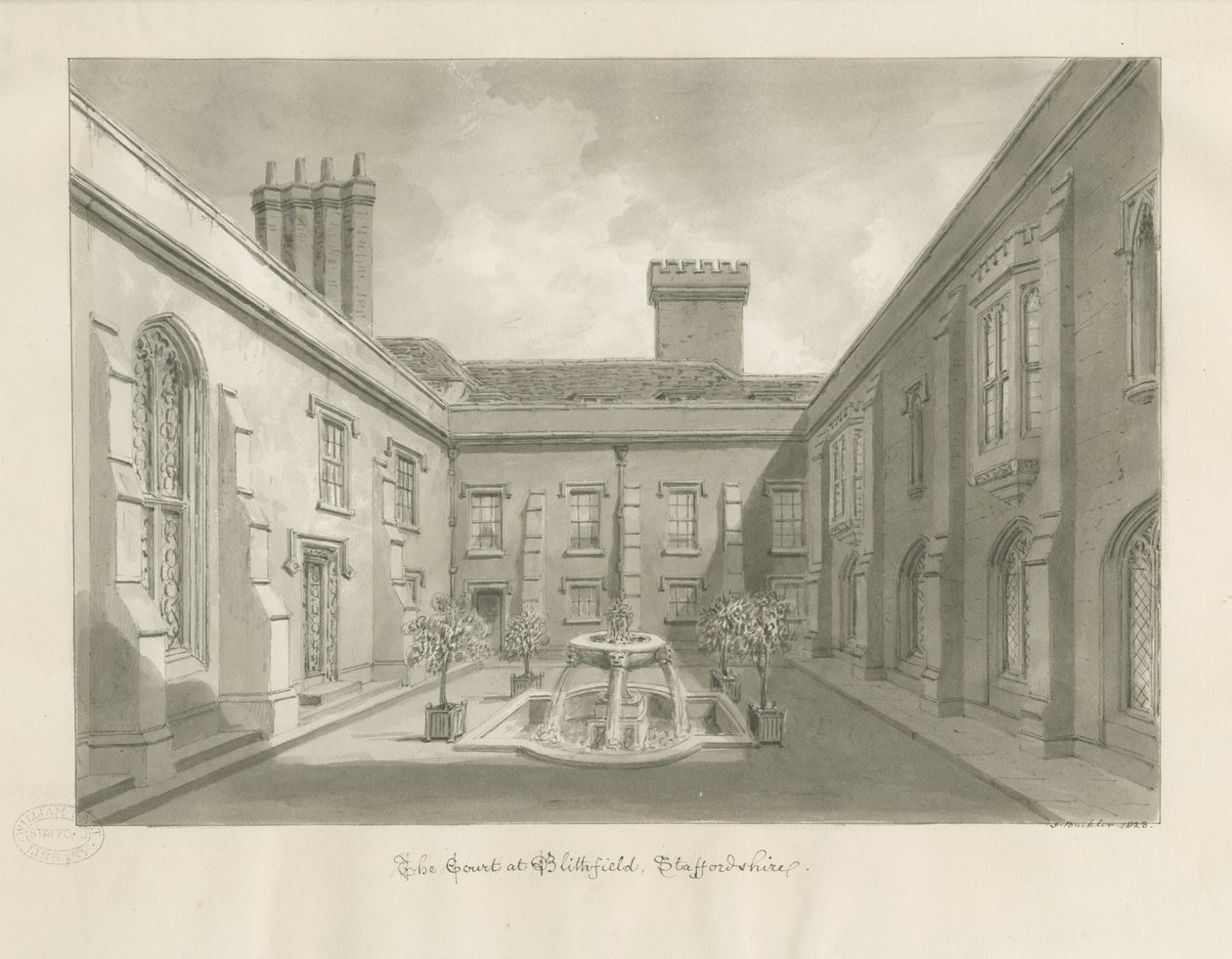Blithfield Hall - Patio: dibujo en sepia de John Buckler
