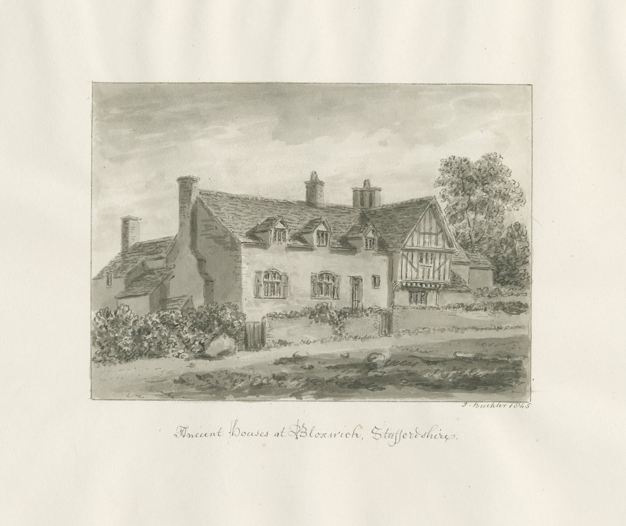 Bloxwich - casa antigua: dibujo en sepia de John Buckler