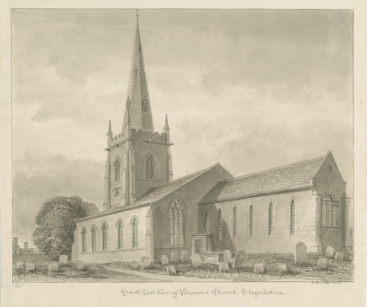 Iglesia de Brewood: dibujo en sepia de John Buckler