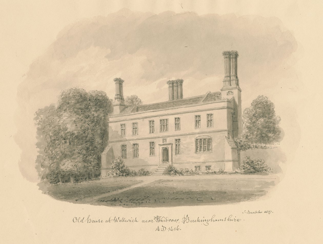 Buckinghamshire - Wellwick - Casa Antigua: dibujo en sepia, 1837 de John Buckler