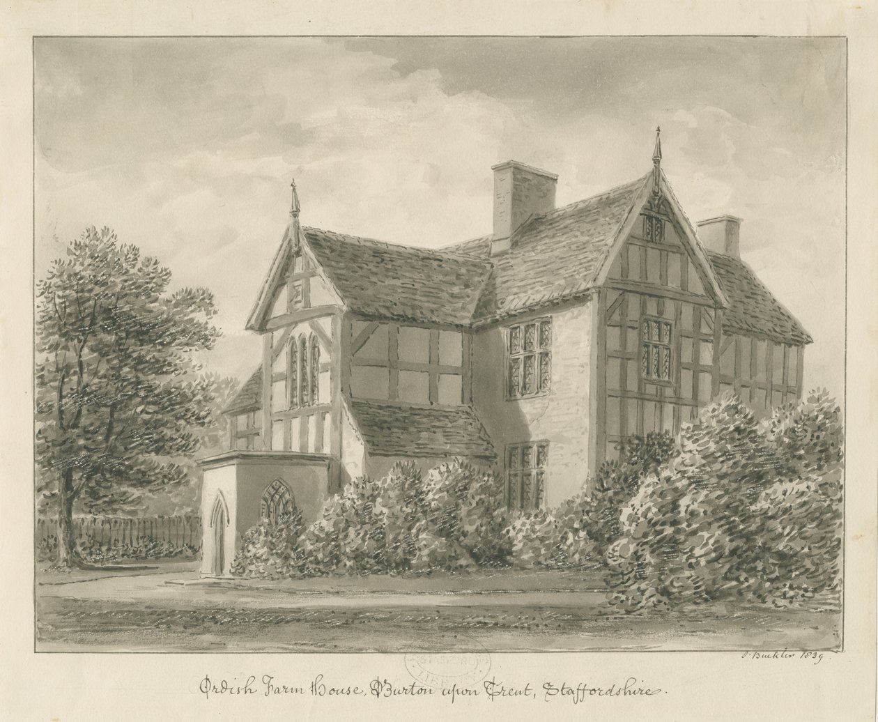 Burton-upon-Trent: Casa de Granja Ordish: dibujo en sepia, 1839 de John Buckler